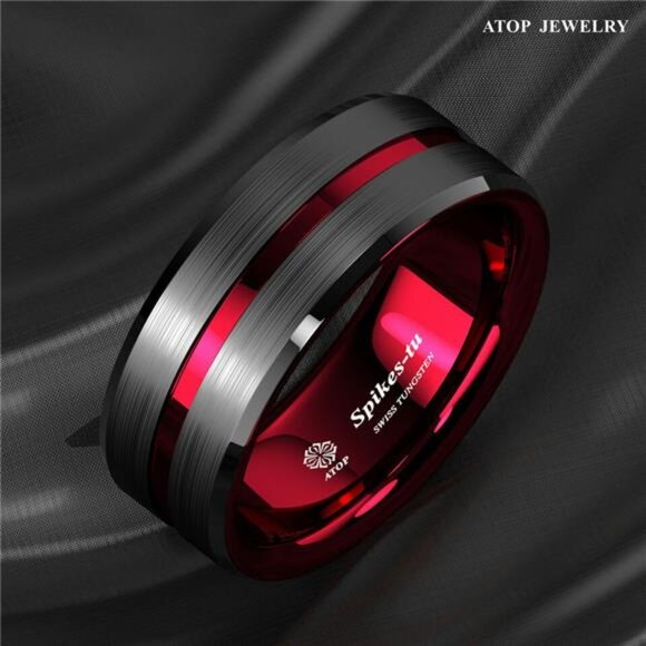 Men's Wedding Band - Black and Red Line Ring for Men - Wedding Rings - Picture 3 of 7